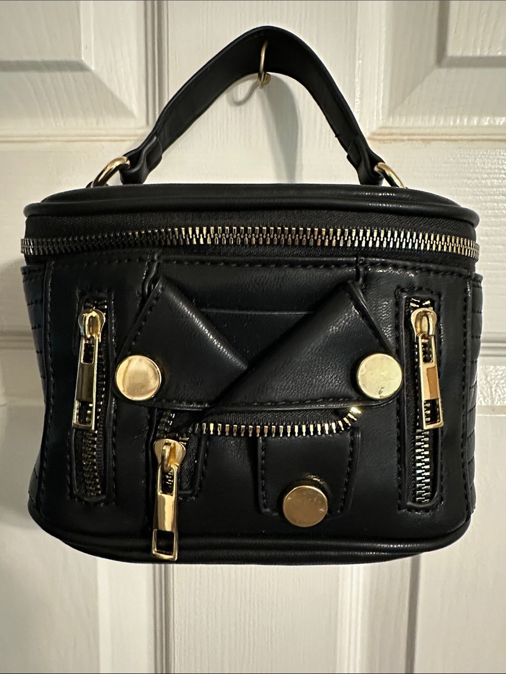 Black Leatherette Top-Handle Vanity Bag with Gold Hardware
